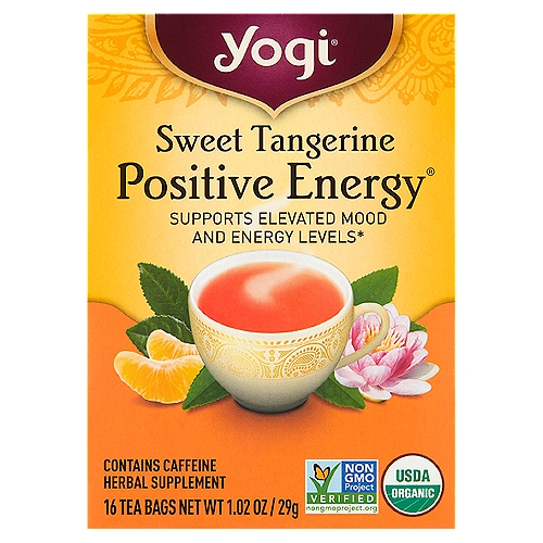 Made with Organic Green Mate. Non-GMO. Contains Caffeine. Smile with Sweet Tangerine Positive Energy. This harmonizing and aromatic blend is designed to help energize and elevate your mood.