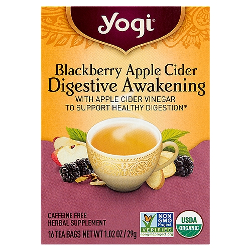 Yogi Blackberry Apple Cider Digestive Awakening Tea Bags, 16 count, 1.02 oz
Herbal Supplement

With Apple Cider Vinegar to Support Healthy Digestion*

Energize Your Digestive System with Blackberry Apple Cider Digestive Awakening
Tart apple cider vinegar, popularly used to wake up the digestive system, pairs with naturally warming ginger, a centuries old Ayurvedic ingredient used to support healthy digestion. Blackberry flavor is added for a bright, fruity and delicious tea. Enjoy Blackberry Apple Cider Digestive Awakening at the beginning of every day!*
*These statements have not been evaluated by the FDA. This product is not intended to diagnose, treat, cure, or prevent any disease.