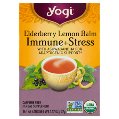 Yogi Elderberry Lemon Balm Immune + Stress Tea Bags Herbal Supplement, 16 count, 1.12 oz