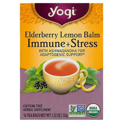 Yogi Elderberry Lemon Balm Immune + Stress Herbal Supplement, 16 count, 1.12 oz
Immune + Stress with Ashwagandha for Adaptogenic Support*

Support Immune Function and Stress Response
Elderberry Lemon Balm Immune + Stress tea pairs Ashwagandha, an Ayurvedic adaptogenic herb used to support immune health and stress response, with antioxidant Elderberry. Lemon Balm, traditionally used for its soothing effects, lemongrass and lemon peel combine for a light citrus flavor. Take some time for yourself and enjoy a cup of Elderberry Lemon Balm Immune + Stress Tea.*
*These statements have not been evaluated by the FDA. This product is not intended to diagnose, treat, cure, or prevent any disease.