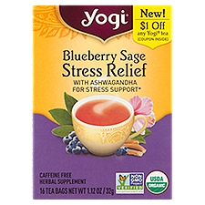 Yogi Blueberry Sage Stress Relief Herbal Supplement Tea Bags, 16 count, 1.12 oz