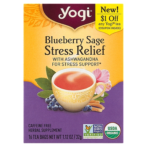 Yogi Blueberry Sage Stress Relief Herbal Supplement Tea Bags, 16 count, 1.12 oz