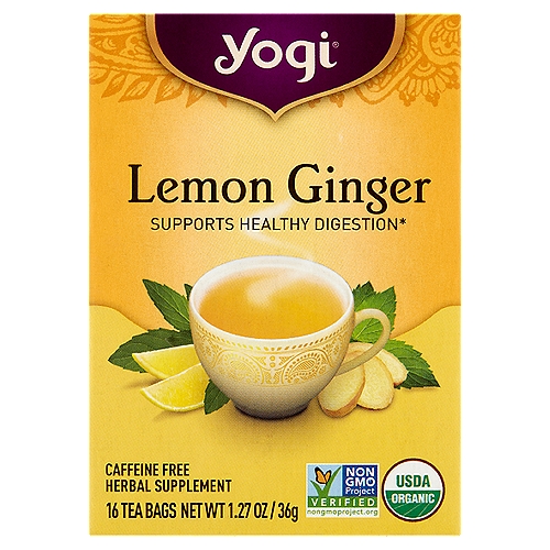 Yogi Lemon Ginger Tea Bags, 16 count, 1.27 oz
Herbal Supplement

Supports Healthy Digestion*

Brighten Your Day with Lemon Ginger
Our Lemon Ginger tea is a lively blend that combines ginger, used for centuries by Ayurveda practitioners for its warming properties and to support digestion, with tart lemon and refreshing peppermint. Enjoy a cup when your tummy needs a little taming or whenever you want a delicious herbal tea.*
*These statements have not been evaluated by the FDA. This product is not intended to diagnose, treat, cure, or prevent any disease.