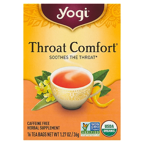 Yogi Throat Comfort Tea Bags, 16 count, 1.27 oz
Herbal Supplement

Soothes the Throat*

When You Need a Little Throat Comfort®
In this herbal blend, we combine licorice root with slippery elm bark - used in western herbalism to help relieve minor throat irritation. Wild cherry bark helps soothe and add sweet flavor along with orange peel. Enjoy our Throat Comfort® tea when you need a gentle and comforting blend to soothe your throat.*
*These statements have not been evaluated by the FDA. This product is not intended to diagnose, treat, cure, or prevent any disease.