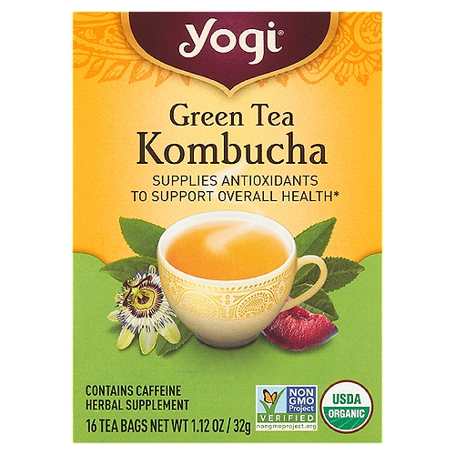 Yogi Green Tea Kombucha Tea Bags, 16 count, 1.12 oz
Herbal Supplement

Supplies Antioxidants to Support Overall Health*

Support Overall Health with Green Tea Kombucha
This delicious blend combines Green Tea with Kombucha to supply antioxidants to support your overall health.* Spearmint and lemongrass along with plum and passion fruit flavors harmonize for a light fruity flavor. Enjoy a bright and delightful cup of Green Tea Kombucha.
*These statements have not been evaluated by the FDA. This product is not intended to diagnose, treat, cure, or prevent any disease.