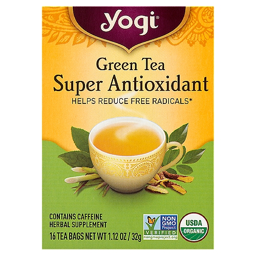 Yogi Green Tea Super Antioxidant Herbal Supplement, 16 count, 1.12 oznHelps Reduce Free Radicals*nnRejuvenate with Green Tea Super AntioxidantnOur blend of green tea along with grapeseed extract supplies potent antioxidants to help reduce free radicals. Lemongrass adds bright citrus flavor, while licorice and jasmine green tea lend sweet and floral notes. Rejuvenate with a cup of Green Tea Super Antioxidant.*n*These statements have not been evaluated by the FDA. This product is not intended to diagnose, treat, cure, or prevent any disease.