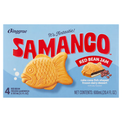 Binggrae Samanco Red Bean Jam Cake Cone Fish-Shaped Frozen Dairy Dessert, 5.1 fl oz, 4 count