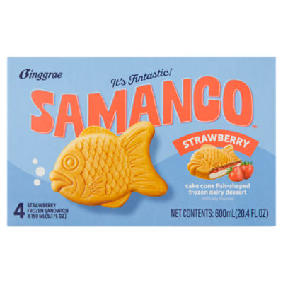 Binggrae Samanco Strawberry Cake Cone Fish-Shaped Frozen Dairy Dessert, 5.1 fl oz, 4 count