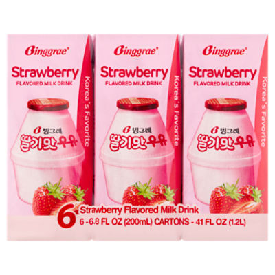 Binggrae Strawberry Flavored Milk Drink, 6.8 fl oz, 6 count