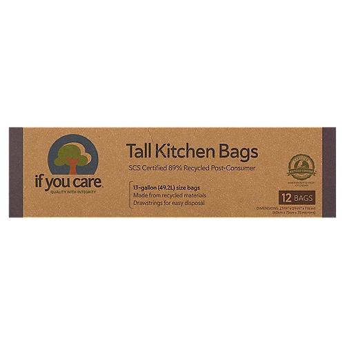 If You Care 13 Gallon Certified 89% Recycled Post Consumer Tall Kitchen Drawstring Trash Bags, 12 ct
Why Use If You Care SCS Certified 89% Recycled Post-Consumer Tall Kitchen Bags?
In 2012, 32 million tons of plastic waste was generated in the United States. Of that, only 9% of the total plastic waste generated was recovered for recycling (Source: US EPA). The rest are dumped in landfills.

If You Care Trash Bags are certified recycled by SCS Global Services, an independent organization promoting environmental stewardship and social responsibility by providing trusted third-party certification and auditing. When you buy If You Care SCS Certified Recycled Post-Consumer Trash Bags, you know that the bags come from 89% recycled post-consumer plastic, material that otherwise would have ended up in landfill.

Using 1 kg (2.2lbs) of recycled polyethylene plastic instead of producing new polyethylene plastic reduces CO2 emissions by at least 1.5 Kg and crude oil consumption by 2 liters. In addition, If You Care Recycled Trash Bags are heavy duty and perform equal to, if not better than, regular PE plastic trash bags.

Product Lifecycle
Source Materials
Bags:
89% post-consumer Recycled PE material
11% virgin PE for drawstring handle and color

Cardboard:
100% recycled board processed chlorine-free (PCF)

Environmental Benefits
Recycled PE from consumer waste
Reduction in CO2 emissions
Reduction in crude oil consumption
Minimum waste

Usage
Fits all 13-gallon trash cans
Extra strong for heavy garbage
No need to double bag
Includes easy drawstring ties

1 Kg of Recycled PE
Save Consumption: 2 liters oil
Reduces Emission: At least 1.5 kg of CO2