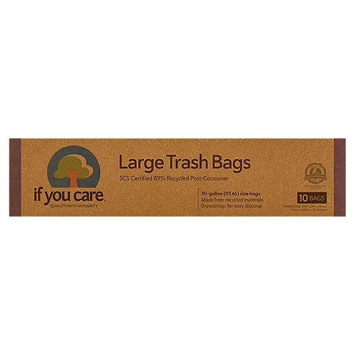 If You Care 30 Gallon Large Trash Bags, 10 count
Why Use If You Care SCS Certified 89% Recycled Post-Consumer Tall Kitchen Bags?
In 2012, 32 million tons of plastic waste was generated in the United States. Of that, only 9% of the total plastic waste generated was recovered for recycling (Source: US EPA). The rest are dumped in landfills.

If You Care Trash Bags come from 89% post-consumer recycled content. Our bags are certified recycled by SCS Global Services, an independent organization promoting environmental stewardship and social responsibility by providing trusted third-party certification and auditing. When you buy If You Care SCS Certified Recycled Post-Consumer Trash Bags, you know that the bags come from 89% recycled post consumer plastic, material that otherwise would have ended up in landfill.

Using 1 kg (2.2lbs) of recycled polyethylene plastic instead of producing new polyethylene plastic reduces CO2 emissions by at least 1.5 kg and crude oil consumption by 2 liters. In addition, If You Care Recycled Trash Bags are heavy duty and perform equal to, if not better than, regular PE plastic trash bags.

Made from 89% post-consumer recycled polyethylene plus 11% virgin polyethylene (for drawstring) and color