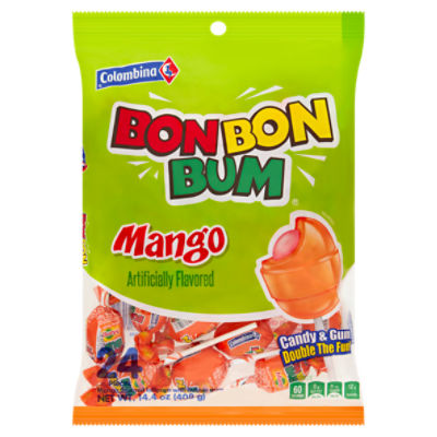 Colombina Bonbon Bum Mango Flavored Lollipops with Bubble Gum, 24 count, 14.4 oz