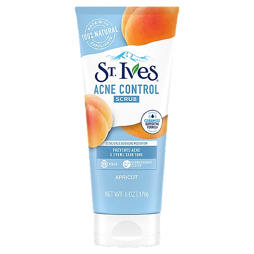 St. Ives Acne Control Face Scrub Apricot 6 oz
Bye-bye blemishes! From America's #1 scrub brand, St. Ives Apricot Acne Control Face Scrub contains 100% natural walnut shell powder to deeply exfoliate for glowing skin. The 2% salicylic acid in this scrub helps prevent acne and can also help tackle 'maskne' (acne caused by protective face masks). Adding this deep cleaning face scrub to your routine along with replacing and washing your protective face masks frequently are some ways to help combat 'maskne.' This scrub also contains apricot fruit extract, which is known to help skin feel super soft and smooth. Apricots are our thing. Our apricots come from sun-drenched California and North Africa. Our walnuts are grown in orchards in California and harvested in the fall where the shells are finely milled and polished, so they only exfoliate the outer layers of dead skin cells. Just the way we like it. This scrub is dermatologist tested, paraben free, non-comedogenic (not tending to cause blocked pores), and oil free. And it's simple to use. Just squeeze a dime sized amount onto your fingertips and massage onto damp skin. Spread in small circular motions to wake your skin's natural circulation. When you're done, rinse and glow. For best results, use up to 3-4 times a week. St. Ives products are made with 100% natural moisturizers, exfoliants, and/or extracts to bring the joy of nature into our skin care products to give you soft, refreshed skin that glows. St. Ives does not test on animals anywhere in the world by PETA. When it comes to making you glow, St. believes that spending more time with nature can boost your happiness and have a serious de-stress effect of your mind, body and skin care. Please reference product packaging for the latest ingredient list. Full-sized scrubs only, excluding trial and travel.
