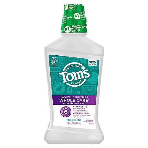 Tom's of Maine Whole Care Natural Fluoride Mouthwash, Fresh Mint, 16 oz. 6-Pack
Tom's of Maine uses naturally sourced, naturally derived ingredients to create personal care products that work. Toms natural mouthwash naturally freshens breath without the use of artificial ingredients. Toms mouthwash is clinically proven to fight odor-causing bacteria.

Tackle bad breath, cavities and more with Tom's of Maine Whole Care Natural Mouthwash. This fluoride mouthwash gives six benefits in one: It fights cavities, restores minerals, freshens breath, cleans between teeth, strengthens enamel and is alcohol free*. Plus, it contains no artificial colors, sweeteners or preservatives. Enjoy the clean taste of Fresh Mint with every swish. Order Tom's of Maine mouthwash, and try their other natural dental care products.
 
Tom's of Maine products use only ingredients that meet its stewardship standards for natural, sustainable and responsible, helping empower families to live more naturally. Tom's of Maine is a Certified B Corp and meets the highest standards of social and environmental performance, as well as public transparency. The company donates 10% of profits to charities committed to children's health, education and the environment. Thank you for supporting Tom's of Maine.
 
*Product does not contain ethyl alcohol.

high fluoride whitening gums periodontal canker sore plaque sensitive thrush sores extraction bad breath gingivitis dry mouth bulk pack bundle wholesale mouth rinse infection oral hygiene teeth care