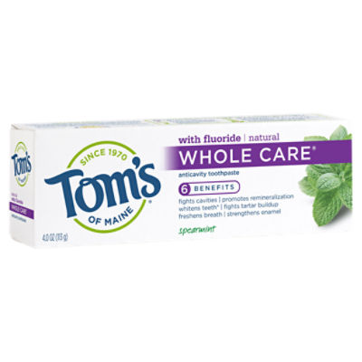Tom's of Maine Whole Care Natural Toothpaste with Fluoride, Spearmint, 4 oz.