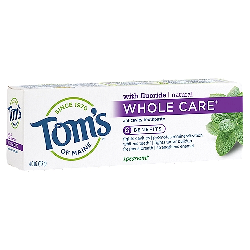 Tom's of Maine Whole Care Natural Toothpaste with Fluoride, Spearmint, 4 oz.
Tom's of Maine Whole Care Natural Fluoride Toothpaste offers many solutions in one. Get ready to fight cavities, promote remineralization, whiten teeth, prevent tartar buildup, freshen breath and strengthen enamel in every brushing session. Plus, this whitening toothpaste leaves your mouth feeling fresh with Spearmint flavor.

Six benefits. One natural toothpaste. Tom's of Maine Whole Care Natural Fluoride Toothpaste offers many solutions in one. So get ready to fight cavities, promote remineralization, whiten teeth, prevent tartar buildup, freshen breath and strengthen enamel in every brushing session. Plus, this whitening toothpaste leaves your mouth feeling fresh with Spearmint flavor. Check to be sure that your tube has the blue recycling flag on it, squeeze out as much of the toothpaste from the tube as you can, replace the cap, and place the tube in your recycling bin. Order Tom's of Maine toothpaste and try their other natural dental care products.

At Tom's of Maine, we want to empower families to live more naturally. With more than 50 years experience combining scientific know-how, naturally derived ingredients and a bit of ingenuity, we make products that are good for you and the planet. As a Certified B Corp, we hold ourselves to the highest social and environmental standards. Plus, we're committed to supporting local communities for meaningful change, donating 10% of our profits to charities supporting health, education and the environment. We call this ''''doing good, for real,'''' and it impacts everything we do.

Gums periodontal canker sore plaque sensitive bad breath gingivitis bulk pack bundle wholesale oral hygiene sls free anti cavity veneers floride