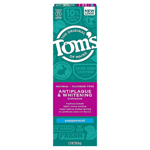 Tom's of Maine Fluoride-Free Antiplaque & Whitening Toothpaste Peppermint, 5.5 Ounce, 1-Pack
Tom's of Maine uses naturally sourced, naturally derived ingredients to create personal care products that work. Tom's of Maine fluoride free toothpaste is a natural toothpaste that gently whitens by removing surface stains and uses naturally derived ingredients for a total mouth clean.