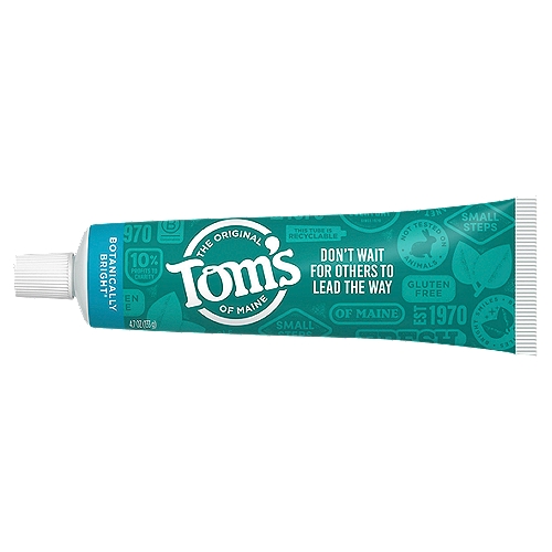 Tom's of Maine Natural Fluoride-Free SLS-Free Botanically Bright Toothpaste, Peppermint, 4.7 oz.
Brighten your smile with the foamy, clean feeling of Tom's of Maine Botanically Bright Toothpaste. Finally, a SLS-free toothpaste you love to use. Bee propolis tincture and natural Peppermint flavor leave your mouth feeling fresh, clean and healthy, while the fluoride-free formula helps remove surface stains for a whiter smile.

Brighten your smile with the foamy, clean feeling of Tom's of Maine Fluoride-Free Botanically Bright Toothpaste. Finally, a SLS-free toothpaste that you love to use. Bee propolis tincture leaves your mouth feeling clean and healthy, while this fluoride-free formula helps remove surface stains for a whiter smile. Plus, enjoy the natural taste of Peppermint every time you brush. Check to be sure that your tube has the blue recycling flag on it, squeeze out as much of the toothpaste from the tube as you can, replace the cap, and place the tube in your recycling bin. Order Tom's of Maine toothpaste and discover our range of natural dental care products.

At Tom's of Maine, we want to empower families to live more naturally. With more than 50 years experience combining scientific know-how, naturally derived ingredients and a bit of ingenuity, we make products that are good for you and the planet. As a Certified B Corp, we hold ourselves to the highest social and environmental standards. Plus, we're committed to supporting local communities for meaningful change, donating 10% of our profits to charities supporting health, education and the environment. We call this ''doing good, for real,'' and it impacts everything we do.

gums, periodontal, canker sore, plaque, sensitive, thrush, sores, extraction, bad breath, gingivitis, dry mouth, bulk, pack, bundle, wholesale, oral hygiene, teeth care, fluoride free, non fluoride, no fluoride, without fluoride, sls free, anti cavity, veneers