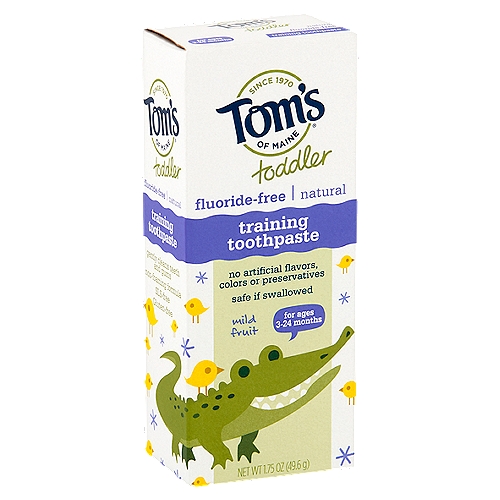 Tom's of Maine Toddler Mild Fruit Training Toothpaste, for Ages 3-24 Months, 1.75 oz
Natural Training Toothpaste.
Our fluoride-free natural training toothpaste is a clear gel that gently cleans their little teeth and gums. It has a great-tasting, mild fruit flavor that toddlers will love brushing with again and again. And our no mess dispensing top makes it easy to use.

What makes a product natural and good? At Tom's, it includes how we make it.
No animal testing or animal ingredients.
No artificial colors, flavors, fragrance, or preservatives.