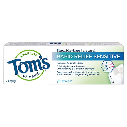 Tom's of Maine Fluoride-Free Rapid Relief Sensitive Toothpaste, Fresh Mint, 4 oz.
Tom's of Maine Children's Natural Anticavity Toothpaste helps support endangered animals while making brushing fun. Your child will love the wildly great-tasting watermelon flavor, and you will love the anticavity protection of this fluoride toothpaste. Plus, the purchase of this product helps Tom's of Maine support World Wildlife Fund.

Activate your child's inner eco-warrior with Tom's of Maine Children's Natural Toothpaste, which helps support endangered animals. Featuring the tiger, this children's toothpaste with fluoride helps introduce future generations to wildlife conservation while making brushing fun. Your child will love the wildly great-tasting watermelon flavor, and you will love the anticavity protection. Plus, this kids toothpaste is dye free, gluten free, vegan and never tested on animals. Tom's of Maine is proud to support World Wildlife Fund with a donation of $100,000, plus 10% of profits from each product sold from June 1, 2021 through May 31, 2022 (up to a total of $125,000).

Tom's of Maine products only use ingredients that meet its Stewardship standards for natural, sustainable and responsible, helping empower families to live more naturally. Tom's of Maine is a Certified B-Corp and meets the highest standards of social and environmental performance, as well as public transparency. The company donates 10% of profits to charities committed to children's health, education and the environment. Thank you for supporting Tom's of Maine.

Tooth decay, bad breath, breath stink, bulk, family pack, periodontal, oral care, teeth care, toothbrush, mouthwash, toddler toothpaste, trainer toothpaste, sls free, sustainable, eco friendly, environmentally friendly, sodium lauryl sulfate, give back to charity, cause, donation, kid's bedtime routine