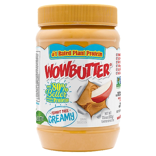 Wowbutter Simple Natural Creamy Toasted Soybutter, 17.6 oz
**#1 Rated plant protein
**PDCAAS Comparison of Soy to Other Plant Proteins

Over *80% better quality complete protein
*Protein Digestibility Corrected Amino Acid Score (PDCAAS) Lab Test Comparison of Protein Quality to Peanut, Sunflower & Almond Butter