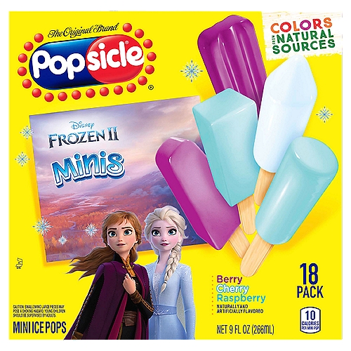 Popsicle Ice Pops Disney Frozen Minis 18 ct
These pint-sized frozen dessert ice pops may be small, but they're bursting with big fruit flavors, all inspired by your family's favorite Disney Frozen characters. Pick light blue raspberry for Elsa, rich purple berry for Anna or icy white cherry for Olaf the snowman - These delicious frozen snack icy treats are perfect for everyone's favorite flavor and Disney Frozen character. These delicious mini pops contain 60 calories, 0g saturated fat, 0mg sodium, and 11g sugars per 5 mini pops serving. Disney Frozen Popsicle pops are the perfect treat for any fan of the movie, and are the perfect dessert for a Disney Frozen themed birthday party! Popsicle ice pops have been a treasured American treat for over 100 years and remains America's favorite ice pop. In 1905 an 11-year-old boy, Frank Epperson, invented the first ice pop. One night, Frank poured soda powder into water and mixed it with a stirring stick. He accidentally left the mixture outside all night in the cold. Frank awoke the next morning to find his drink was frozen like an icicle. It was a hit with his friends and a classic was born! Visit Popsicle.com to check out more than 26 ice pop varieties (include orange popsicle, sugar free popsicles, and more!) and learn about where to buy.

Mini Ice Pops