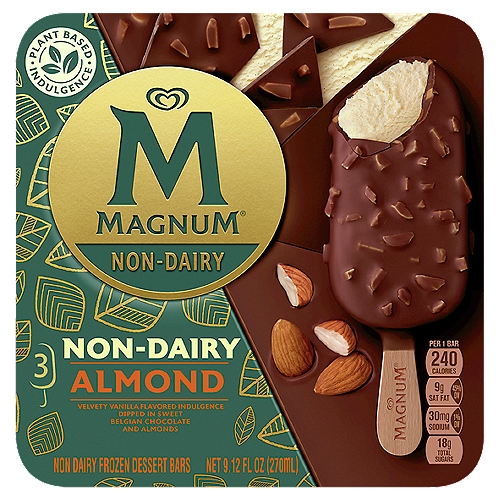 Magnum Ice Cream Bar Almond 9.12 oz , 3 Count
Velvety Vanilla Flavored Indulgence Dipped in Sweet Belgian Chocolate and Almonds

For the first time, you can experience Magnum Non-Dairy ice cream by taking an indulgent bite out of our new non-dairy Almond ice cream bar - velvety vanilla flavored indulgence dipped in sweet Belgian chocolate and almonds. The delicious and velvety plant-based ice cream has a balanced flavor and provides the indulgence of a classic Magnum, certified vegan ice cream by Vegan.org. Magnum non-dairy Almond is a delicious dairy free frozen dessert. In addition to Magnum non-dairy Almond, be sure to try Magnum non-dairy Classic - velvety vanilla flavored indulgence dipped in sweet Belgian chocolate.

At Magnum, we believe that a day without pleasure is a day lost. That's why we have been creating decadent ice cream indulgences since 1989. Explore the full range of Magnum ice cream bars and discover an expansive world of pleasure. Each flavor is made with Belgian chocolate that uses cocoa beans sourced from Rainforest Alliance Certified farms. Belgian chocolate has an outstanding reputation for its smooth, rich flavor and tempting chocolate aroma. It's recognized around the world because of its meticulous adherence to ‘Old World' craftsmanship. Magnum ice cream bars are crafted in this rich heritage and are made with a signature Belgian chocolate recipe developed specifically for us. While still warm, this delicious coating wraps around our velvety ice creams, instantly cooling to leave our signature solid, thick shell - ready and waiting to be cracked. From intense to sweet to salty to dark, which one will satisfy your next indulgence?
