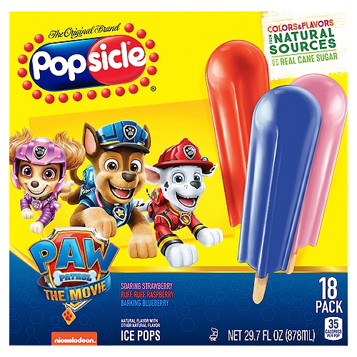 Popsicle Ice Pops Paw Patrol, 18 ct
NEW Popsicle Paw Patrol frozen ice pops bring all the fun of the Adventure Bay Rescue Squad to your freezer!  Made with real cane sugar and with flavors and colors from natural sources, these frozen treats are simply refreshing! The colors of the frozen treat represents some of our Paw Patrol favorites: Chase, Marshall, and Skye! At 35 calories per frozen snack, this refreshing treat can be enjoyed by the whole family. They are conveniently sized, so you can unwind and unwrap whether you are at home, the park or the beach or as an after dinner frozen dessert. Popsicle pops have been a treasured American treat for over 100 years and remains America's favorite ice pop. In 1905, an 11-year-old boy, Frank Epperson invented the first ice pop. One night Frank poured soda powder into water and mixed it with a stirring stick. He accidentally left the mixture outside all night in the cold. Frank awoke the next morning to find his drink was frozen like an icicle. It was a hit with his friends and a classic was born! Visit Popsicle.com to check out all of our ice pop varieties, learn about new products, and sign up to receive email news! Find these deliciously refreshing fruit pops in the freezer aisle and be sure to try our other products in the Popsicle family.