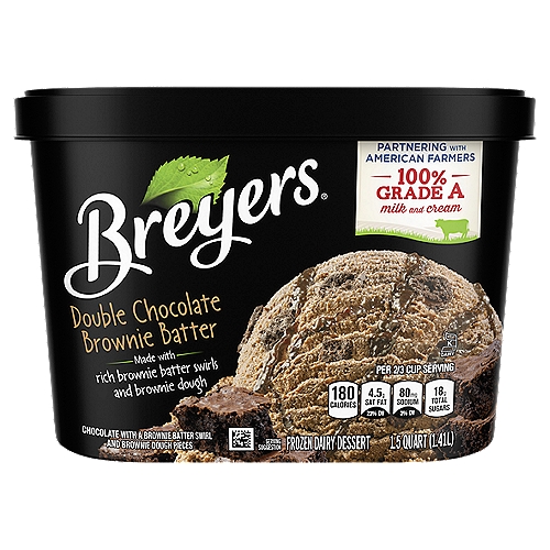 Breyers Ice Cream Double Chocolate Brownie Batter 1.5 QT
Chocolate with a Brownie Batter Swirl and Brownie Dough Pieces

Breyers Double Chocolate Brownie Batter is like making homemade brownies, but less bake time! Chunks of chewy brownie dough and a swirl of rich brownie batter folded into creamy chocolate ice cream. Brownie chunks, batter, and chocolate? Not only delicious, but also made with high-quality ingredients like fresh cream, sugar and milk. In fact, our milk and cream is 100% Grade A from American cows not treated with artificial growth hormones*. And that flavorful chocolate satisfying your taste buds is from real cocoa we use in every ice cream tub. It's the ice cream of your dreams, rich and creamy with just the right amount of your favorite classic dessert. When William Breyer started his small ice cream business in Philadelphia in 1866, he based his recipes around simple and pure ingredients. More than 150 years later, we still honor that same philosophy. We always start with high-quality ingredients like fresh cream, milk, and sugar and combine them with naturally sourced colors and flavors for wholesome goodness. This combination is how we create flavors you know and love. Discover your new favorite frozen treat from Breyers' many classic ice cream flavors today, like our Homemade Vanilla Ice Cream, Mint Chocolate Chip Ice Cream, Natural Strawberry Ice Cream, and more. * The FDA states that no significant difference has been shown between dairy derived from rBST-treated and non-rBST-treated cows.