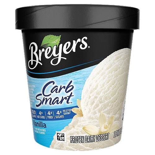 Breyers CarbSmart™ Frozen Dairy Dessert Vanilla 1 PT
 Calorie 100; Net Carbs 4h; Fiber 4g; Sugars 4g per Serving✝
✝Contains 6g Total Fat per Serving.
✝Net carbs are calculated by subtracting total dietary fiber and sugar alcohol from total carbohydrates.

Carb-watchers, this frozen treat is for you! Breyers CarbSmart™ Vanilla frozen dairy dessert is a delicious treat with 4g net carbs+, 4g of sugar, and 100 calories per serving. Ice cream is delicious, but if you're watching your sugars and carbs, it may not be such a sweet deal. With Breyers CarbSmart™, you don't have to sacrifice taste and quality to enjoy a carb-conscious frozen treat. Your sweet tooth can indulge in smooth, creamy vanilla without the guilt. Back in 1866, when our founder William Breyer started his small ice cream operation in Philadelphia, he may not have been watching his calories and carbs, but he was watching over the quality of the ingredients that he put into his ice cream. And that's what we still do today. Our Breyers CarbSmart™ Vanilla abides by our Pledge to use 100% Grade A milk and fresh cream from American cows not treated with artificial growth hormones* and vanilla from sustainably sourced farms in Madagascar, in partnership with the Rainforest Alliance. If Vanilla is too plain of a frozen snack for you, try our CarbSmart™ Chocolate or our novelty bars in Almond, Fudge, Vanilla, and Mint Fudge! * The FDA states that no significant difference has been shown between dairy derived from rBST-treated and non-rBST-treated cows. +NET CARBS ARE CALCULATED BY SUBTRACTING TOTAL