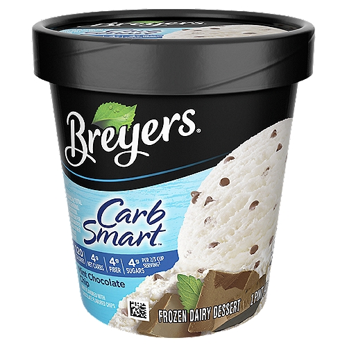 Breyers CarbSmart™ Frozen Dairy Dessert Mint Chip 1 PT
Calorie 130; Net Carbs 4g; Fiber 4g; Sugars 4g per Serving✝
✝Contains 8g Total Fat Serving.
✝ Net carbs are calculated by subtracting total dietary fiber and sugar alcohol from total carbohydrates

Carb-watchers, this frozen treat is for you! Breyers CarbSmart™ Mint Chip frozen dairy dessert is a delicious treat with 4g net carbs+, 4g of sugar, and 130 calories per serving. Ice cream is delicious, but if you're watching your sugars and carbs, it may not be such a sweet deal. With Breyers CarbSmart™, you don't have to sacrifice taste and quality to enjoy a carb-conscious frozen treat. If you love mint ice cream, your sweet tooth can indulge without the guilt. Back in 1866, when our founder William Breyer started his small ice cream operation in Philadelphia, he may not have been watching his calories and carbs, but he was watching over the quality of the ingredients that he put into his ice cream. And that's what we still do today. Our Breyers CarbSmart™ Mint Chip abides by our Pledge to use 100% Grade A milk and fresh cream from American cows not treated with artificial growth hormones* and vanilla from sustainably sourced farms in Madagascar, in partnership with the Rainforest Alliance. If you want more carb-conscious frozen treats, try our CarbSmart™ Chocolate or our novelty bars in Almond, Fudge, Vanilla, and Mint Fudge! * The FDA states that no significant difference has been shown between dairy derived from rBST-treated and non-rBST-treated cows. +NET CARBS ARE CALCULATED BY SUBTRACTING TOTAL DIETARY FIBER AND SUGAR ALCOHOL FROM TOTAL CARBOHYDRATES