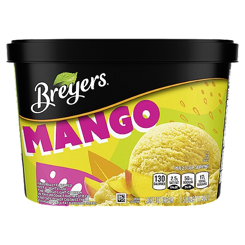 Breyers Mango Light Ice Cream, 1.5 quart
The Mango Light Ice Cream in this Product has 70% Less Fat and 50% Fewer Calorie than a Range of Full Fat Mango Ice Creams.

The FSA states that no significant different has been shown between dairy derived from rBST-treated and non-rBST-treated cows.

The Mango Light Ice Cream in this Product has 130 Calorie and 3.5g Fat per Serving. A Similar Range of Mango Full Fat Ice Cream Has an Average of 270 Calorie and 13g Fat per Serving.
This Product is not a Light Food.