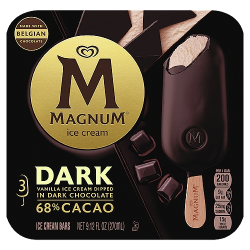 Magnum Ice Cream Bars Dark Chocolate 9.12 oz , 3 Count
Dark Vanilla Ice Cream Dipped in Dark Chocolate

Our Milk & Cream Promise
No Artificial Growth Hormones† Used on Cows
†Suppliers of Other Ingredients Such as Sauces & Coatings May Not Be Able to Make this Pledge. The FDA States that No Significant Difference Has Been Shown Between Dairy Derived from rBST-Treated and Non-rBST-Treated Cows.

At Magnum, we believe that a day without pleasure is a day lost. That's why we have been creating decadent ice cream indulgences since 1989. The Magnum Dark ice cream bar is a dark and decadent delight for those who love intense chocolate taste. Each bar contains rich, creamy vanilla ice cream dipped in dark chocolate, making it a luxurious, frozen treat that's the perfect size for dessert. Using cocoa beans sourced from Rainforest Certified Farms, each bar is made with 60% cacao Belgian chocolate. 

If you like Magnum Dark, you'll want to explore the full range of Magnum ice cream bars and discover an expansive world of pleasure. Each flavor is made with Belgian chocolate that uses cocoa beans sourced from Rainforest Alliance Certified™ farms. 

Belgian chocolate has an outstanding reputation for its smooth, rich flavor and tempting chocolate aroma. It's recognized around the world because of its meticulous adherence to ‘Old World' craftsmanship. Magnum ice cream bars are crafted in this rich heritage and are made with a signature Belgian chocolate recipe developed specifically for us. While still warm, this delicious coating wraps around our velvety ice creams, instantly cooling to leave our signature solid, thick shell - ready and waiting to be cracked. From intense to sweet to salty to dark, which one will satisfy your next indulgence?