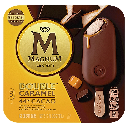 Magnum Double Caramel Ice Cream Bars, 3 count, 9.13 oz
Vanilla Ice Cream Dipped in a Chocolatey Coating, Caramel Sauce and Milk Chocolate

Our Milk & Cream Promise
No Artificial Growth Hormones† Used in Cows
†Suppliers of Other Ingredients Such as Sauces & Coatings May Not be Able to Make this Pledge. The FDA States that No Significant Difference Has been Shown Between Dairy Derived from rBST-Treated and Non-rBST-Treated Cows.