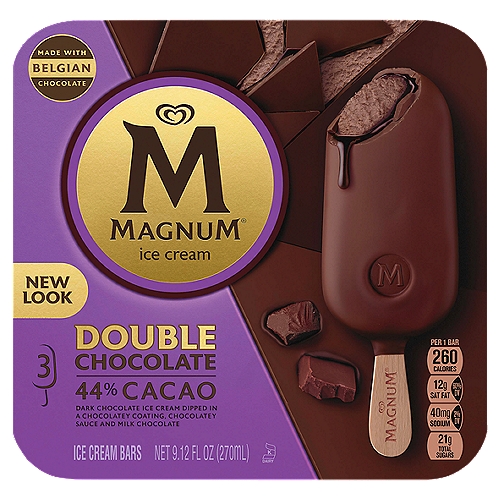 Magnum  Ice Cream Bars Double Chocolate 9.12 oz , 3 Count
Dark Chocolate Ice Cream Dipped in a Chocolatey Coating, Chocolatey Sauce and Milk Chocolate

Our Milk & Cream Promise
No Artificial Growth Hormones† Used on Cows
†Suppliers of Other Ingredients Such as Sauces & Coatings May Not Be Able to Make this Pledge. The FDA States that No Significant Difference Has Been Shown Between Dairy Derived from rBST-Treated and Non-rBST-Treated Cows.

At Magnum, we believe that a day without pleasure is a day lost. Magnum's “Doubles'' range of ice cream bars offers our ultimate indulgence for true pleasure seekers. Each bar is made with velvety smooth ice cream and is covered in a chocolatey layer, a layer of luscious sauce, and a final thick chocolate coating made with Belgian chocolate. The result is a frozen treat, the perfect combination of delicious flavors and textures in every bite. Magnum Double Chocolate ice cream bars are a chocolate lover's dream: dark chocolate ice cream dipped in a chocolatey coating, chocolatey sauce, and milk chocolate. Our smooth chocolate sauce is basically pampered in even more Magnum chocolate. Available in both full-sized and mini bars. Go ahead. Bite into this luxurious treat unlike any other. Beyond our Double Chocolate flavor, explore the full range of Magnum ice cream bars and discover an expansive world of pleasure. Each flavor is made with Belgian chocolate that uses cocoa beans sourced from Rainforest Alliance Certified™ farms. Belgian chocolate has an outstanding reputation for its smooth, rich flavor and tempting chocolate aroma. It's recognized around the world because of its meticulous adherence to ‘Old World' craftsmanship. Magnum ice cream bars are crafted in this rich heritage and are made with a signature Belgian chocolate recipe developed specifically for us. While still warm, this delicious coating wraps around our velvety ice creams, instantly cooling to leave our signature solid, thick shell - ready and waiting to be cracked. From intense to sweet to salty to dark, which one will satisfy your next indulgence.