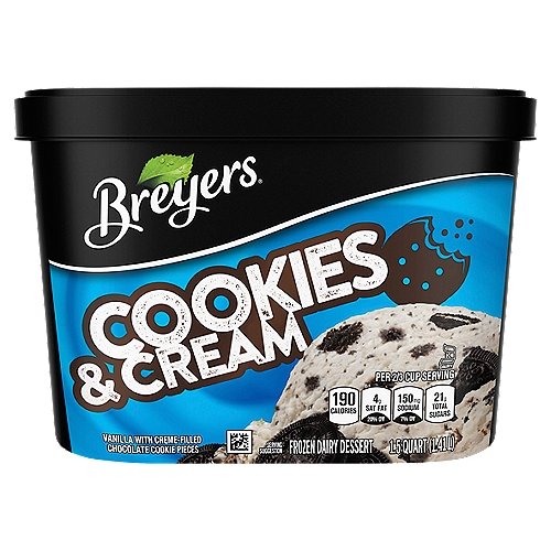 Breyers Frozen Dairy Dessert Cookies & Cream 48 oz
Breyers vanilla and heaps of crème-filled chocolate cookie pieces? Yes, please! Breyers Cookies and Cream Frozen Dairy Dessert combines your love of Breyers vanilla with chocolate cookie pieces. In this delicious frozen treat, rich, creamy vanilla goodness surrounds chunks of chocolate crème-filled cookies. It's the milk and cookie break we know you've been craving! Even better, this delicious frozen dairy dessert is made with 20% more crème-filled chocolate cookie pieces. When William Breyer started his small ice cream business in Philadelphia in 1866, he based his recipes around simple and pure ingredients. More than 150 years later, we still honor that same philosophy. We always start with high-quality ingredients like fresh cream, milk, and sugar and combine them with naturally sourced colors and flavors for wholesome goodness. This combination is how we create flavors you know and love. Our dairy comes from American farmers who produce 100% Grade A milk and cream from cows not treated with artificial growth hormones*. Want even more cookie goodness? Try our new Double Cookie Crumble. It's the perfect trio of sweet cream Breyers, chunks of crème-filled chocolate cookies and a yummy chocolate cookie swirl. *The FDA states that no significant difference has been shown between dairy derived from rBST-treated and non-rBST-treated cows.