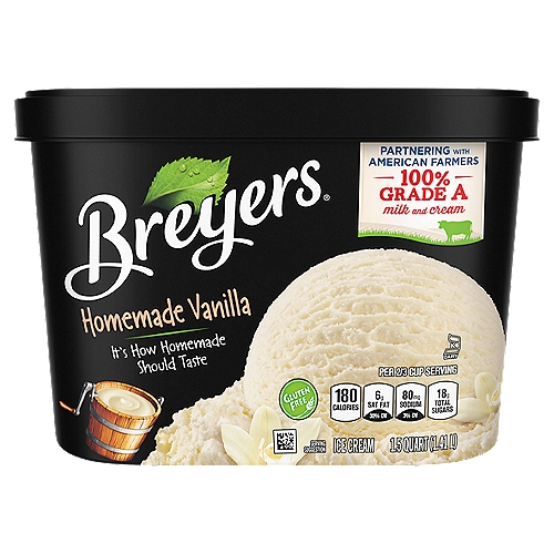 Breyers Homemade Vanilla Ice Cream is made with fresh cream, sugar, milk, and egg yolks for a thick and smooth homemade taste!
Breyers uses the highest-quality ingredients in all of our ice cream recipes, like sustainable vanilla that is Rainforest Alliance Certified and 100% Grade A milk and cream
This gluten-free frozen treat has a rich vanilla flavor that comes from sustainably sourced vanilla beans
This classic ice cream is the perfect pairing for your favorite homemade desserts
The vanilla in this ice cream is made with 100% sustainable vanilla that is Rainforest Alliance Certified
Breyers has over 150 years of experience making delicious ice cream and frozen dairy desserts

Breyers Homemade Vanilla ice cream is thick and smooth like it was just churned. This thick and smooth vanilla ice cream is made with fresh cream, sugar, milk, vanilla, and egg yolks. It's how homemade should taste! Enjoy on its own, or try it with any one of our favorite recipes like Rice Cereal Treat Ice Cream Sandwiches, Chocolate Chip Ice Cream Pies, or even a Banana Split Ice Cream Cake. 

When William Breyer started his small ice cream business in Philadelphia in 1866, he based his recipes around simple and pure ingredients. More than 150 years later, we still honor that same philosophy. We always start with high-quality ingredients like fresh cream, milk, and sugar and combine them with naturally sourced colors and flavors for wholesome goodness. This combination is how we create flavors you know and love. Our dairy comes from American farmers who produce 100% Grade A milk and cream from cows not treated with artificial growth hormones*.

Discover your new favorite frozen treat from Breyers' many classic ice cream flavors today, like our rich Chocolate Ice Cream and Mint Chocolate Chip ice cream.

*The FDA states that no significant difference has been shown between dairy derived from rBST-treated and non-rBST-treated cows.