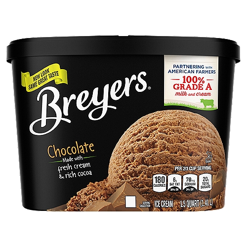 Breyers Classics Ice Cream Chocolate Ice Cream 48 oz
America loves chocolate ice cream, and so do we! Breyers Chocolate Ice Cream is made with Non-GMO sourced ingredients like fresh cream, milk, and sugar and is also gluten-free. And that flavorful chocolate satisfying your taste buds? That's real cocoa we use in every ice cream tub. It's the chocolate ice cream of your dreams, rich and creamy with just the right amount of sweetness. 

When William Breyer started his small ice cream business in Philadelphia in 1866, he based his recipes around simple and pure ingredients. More than 150 years later, we still honor that same philosophy. We always start with high-quality ingredients like fresh cream, milk, and sugar and combine them with naturally sourced colors and flavors for wholesome goodness. This combination is how we create flavors you know and love. Our dairy comes from American farmers who produce 100% Grade A milk and cream from cows not treated with artificial growth hormones*.

Discover your new favorite frozen treat from Breyers' many classic ice cream flavors today, like our Homemade Vanilla Ice Cream, Mint Chocolate Chip Ice Cream, Natural Strawberry Ice Cream, and more. 

* The FDA states that no significant difference has been shown between dairy derived from rBST-treated and non-rBST-treated cows.