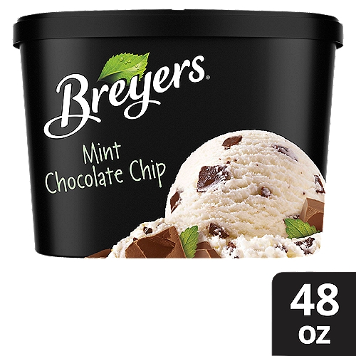 Breyers Ice Cream Mint Chocolate Chip 48 oz
So fresh! Breyers Mint Chocolate Chip ice cream combines cool, white mint ice cream with rich chocolatey chips. Breyers always uses high-quality ingredients in our ice cream. To make this mint ice cream extra special, we use real mint extract in every tub for a refreshingly cool taste. A true classic, this minty ice cream is sure to please your taste buds. 

When William Breyer started his small ice cream business in Philadelphia in 1866, he based his recipes around simple and pure ingredients. More than 150 years later, we still honor that same philosophy. We always start with high-quality ingredients like fresh cream, milk, and sugar and combine them with naturally sourced colors and flavors for wholesome goodness. This combination is how we create flavors you know and love, like the smooth, subtle taste of this delicious Mint Chocolate Chip ice cream. Our dairy comes from American farmers who produce 100% Grade A milk and cream from cows not treated with artificial growth hormones*. 

Discover your new favorite frozen treat from Breyers' many classic ice cream flavors, like our rich Chocolate Ice Cream, Natural Vanilla Ice Cream, and more. 

*The FDA states that no significant difference has been shown between dairy derived from rBST-treated and non-rBST-treated cows.

Cool Mint Ice Cream with Rich Chocolatey Chips