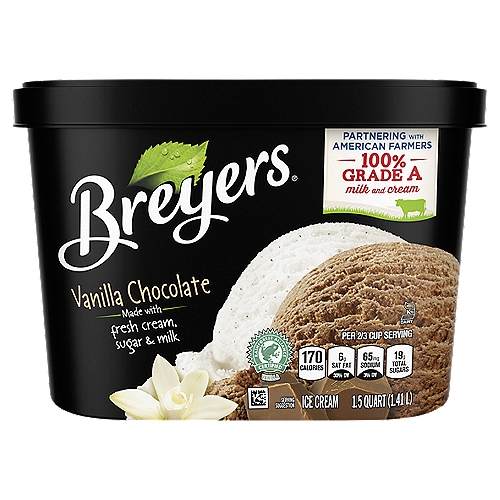 Breyers Ice Cream Vanilla Chocolate 48 oz
Breyers Natural Vanilla ice cream and Breyers Chocolate ice cream, together in one tub? It's the best of both worlds! No need to choose your favorite frozen treat, when you can have both in one scoop. It's the simplicity of Natural Vanilla made with real Madagascar vanilla bean specks and Chocolate made with real cocoa. We believe that it's the quality of our ingredients that makes great tasting ice cream. Just like William Breyer who, in 1866, started his ice cream operation in Philadelphia, we today also follow a commitment to high-quality ingredients. William had a Pledge of Purity, with a philosophy that only the best milk, cream, sugar and fruit would do for his ice cream. More than 150 years later and we are still making your favorite Natural Vanilla and Chocolate with high-quality ingredients. Breyers Vanilla Chocolate is also made with Non-GMO sourced ingredients. We start with 100% Grade A milk and cream from American cows not treated with artificial growth hormones*. We partner with our farmers all over the U.S. because milk and fresh cream are so important in our ice cream flavors and the taste you love. Share your love for Breyers Vanilla Chocolate at www.breyers.com or follow us @Breyers on Instagram!
* The FDA states that no significant difference has been shown between dairy derived from rBST-treated and non-rBST-treated cows.