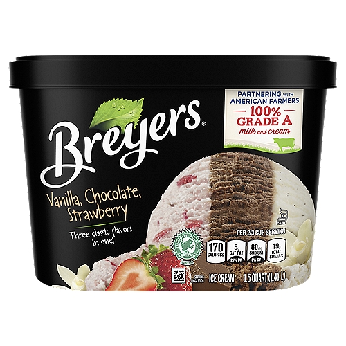 Breyers Original Ice Cream Vanilla Chocolate Strawberry 48 oz
Breyers Vanilla, Chocolate, Strawberry Ice Cream is our take on classic Neapolitan ice cream. It's the best of three worlds. Enjoy one flavor at a time or indulge in all three flavors in one scoop! Breyers always uses high-quality ingredients in our ice cream. Each flavor in this ice cream tub is made with Non-GMO sourced, high-quality ingredients like sun-ripened California strawberries, real cocoa, and 100% sustainable vanilla from Madagascar. 

When William Breyer started his small ice cream business in Philadelphia in 1866, he based his recipes around simple and pure ingredients. More than 150 years later, we still honor that same philosophy. We always start with high-quality ingredients like fresh cream, milk, and sugar and combine them with naturally sourced colors and flavors for wholesome goodness. This combination is how we create flavors you know and love. Our dairy comes from American farmers who produce 100% Grade A milk and cream from cows not treated with artificial growth hormones*. 

Discover your new favorite frozen treat from Breyers' many classic ice cream flavors, like our rich Chocolate Ice Cream, Natural Vanilla Ice Cream, and more. 

*The FDA states that no significant difference has been shown between dairy derived from rBST-treated and non-rBST-treated cows.