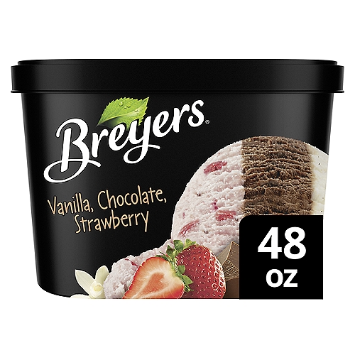 Breyers Original Ice Cream Vanilla Chocolate Strawberry 48 oz
Breyers Vanilla, Chocolate, Strawberry Ice Cream is our take on classic Neapolitan ice cream. It's the best of three worlds. Enjoy one flavor at a time or indulge in all three flavors in one scoop! Breyers always uses high-quality ingredients in our ice cream. Each flavor in this ice cream tub is made with Non-GMO sourced, high-quality ingredients like sun-ripened California strawberries, real cocoa, and 100% sustainable vanilla from Madagascar. 

When William Breyer started his small ice cream business in Philadelphia in 1866, he based his recipes around simple and pure ingredients. More than 150 years later, we still honor that same philosophy. We always start with high-quality ingredients like fresh cream, milk, and sugar and combine them with naturally sourced colors and flavors for wholesome goodness. This combination is how we create flavors you know and love. Our dairy comes from American farmers who produce 100% Grade A milk and cream from cows not treated with artificial growth hormones*. 

Discover your new favorite frozen treat from Breyers' many classic ice cream flavors, like our rich Chocolate Ice Cream, Natural Vanilla Ice Cream, and more. 

*The FDA states that no significant difference has been shown between dairy derived from rBST-treated and non-rBST-treated cows.