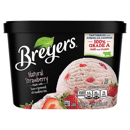 Breyers Ice Cream Natural Strawberry 48 oz
Sun-ripened California strawberries - so good! AND swirled around delicious Breyers ice cream? What could be a better dessert? Our Breyers Natural Strawberry Ice Cream is packed with strawberries picked at the peak of happiness! Did we mention that our strawberries are also 100% sustainably sourced? In fact, our Natural Strawberry is delicious all around. We start with ingredients like milk, fresh cream, sugar, and strawberries to give you a delicious frozen treat. Our strawberries are pretty great, but that milk and cream is special, too! We only use 100% Grade A milk and cream from American cows not treated with artificial growth hormones*. And to boot, we use colors and flavors from natural sources and sustainable vanilla from Madagascar. Breyers Natural Strawberry is also made with non-GMO sourced ingredients. Back in 1866 when William Breyer started his small ice cream operation in Philly, he also valued the quality of his ingredients. So much so, that he created a Pledge of Purity to stand behind the quality of his ice cream. More than 150 years later, we still follow his same principles with our Pledge to use only high-quality ingredients in our desserts. We hope you agree that's what makes our Breyers Natural Strawberry so good! Give it a try and leave us a review at Breyers.com or follow us @Breyers on Instagram!
*The FDA states that no significant difference has been shown between dairy derived from rBST-treated and non-rBST-treated cows.Sun-ripened California strawberries - so good! AND swirled around delicious Breyers ice cream? What could be a better dessert? Our Breyers Natural Strawberry Ice Cream is packed with strawberries picked at the peak of happiness! Did we mention that our strawberries are also 100% sustainably sourced? In fact, our Natural Strawberry is delicious all around. We start with ingredients like milk, fresh cream, sugar, and strawberries to give you a delicious frozen treat. Our strawberries are pretty great, but that milk and cream is special, too! We only use 100% Grade A milk and cream from American cows not treated with artificial growth hormones*. And to boot, we use colors and flavors from natural sources and sustainable vanilla from Madagascar. Breyers Natural Strawberry is also made with non-GMO sourced ingredients. Back in 1866 when William Breyer started his small ice cream operation in Philly, he also valued the quality of his ingredients. So much so, that he created a Pledge of Purity to stand behind the quality of his ice cream. More than 150 years later, we still follow his same principles with our Pledge to use only high-quality ingredients in our desserts. We hope you agree that's what makes our Breyers Natural Strawberry so good! Give it a try and leave us a review at Breyers.com or follow us @Breyers on Instagram!
*The FDA states that no significant difference has been shown between dairy derived from rBST-treated and non-rBST-treated cows.