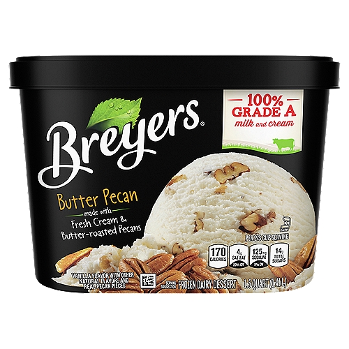 Breyers Frozen Dairy Dessert Butter Pecan 48 oz
Nothing beats our butter-roasted pecans and creamy Breyers vanilla dessert. So good, it is nuts! The pecans in this frozen dairy dessert were roasted in butter and then surrounded by delicious Breyers vanilla dessert. Back in 1866, when William Breyer started his small ice cream business in Philadelphia, he probably would have been seen as nuts to use the ingredients that he did. He valued great ingredients so much that he committed his ice cream to a pledge of purity, telling the world that only the best milk, cream, fruit, and other ingredients would do. Now, some 150 years later, we still follow the same commitments to using high-quality ingredients in our desserts. Our Breyers Butter Pecan is made with 100% Grade A milk and cream that come from cows not treated with artificial growth hormones*. We use flavors and colors from natural sources** and 100% sustainable vanilla. We believe that the quality of our ingredients makes delicious desserts, and that's why even today we keep true to William Breyer's pledge of purity. Try it yourself and leave us a review on Breyers.com or follow us @Breyers on Instagram!
*The FDA states that no significant difference has been shown between dairy derived from rBST-treated and non-rBST-treated cows.
**Our product, before the inclusion of any candies, cookies, sauces, or fruit from other suppliers, will fully abide by this claim.