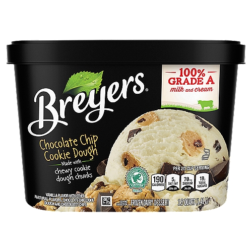 Breyers Frozen Dairy Dessert Chocolate Chip Cookie Dough 48 oz
Less bake time, more playtime! Chunks of chewy chocolate chip cookie dough folded into Breyers creamy vanilla make Breyers Chocolate Chip Cookie Dough a chunky, chewy taste-bud pleaser. Chunks, chips, and vanilla? Not only delicious, but also made with high-quality ingredients like fresh cream, sugar and milk. In fact, our milk and cream are 100% Grade A from American cows not treated with artificial growth hormones*. We use colors and flavors from natural sources and only sustainably farmed fruit and vanilla**. Our commitment to using high-quality ingredients goes back more than 150 years, when in 1866 William Breyer started his small ice cream business in Philly. Back then, he decided to only use the best milk, cream, sugar, and fruit through his Pledge of Purity. Now, we follow his philosophy to still use high-quality ingredients to give you a great-tasting frozen dairy dessert. Try Breyers Chocolate Chip Cookie Dough frozen treat and let us know what you think at Breyers.com! *The FDA states that no significant difference has been shown between dairy derived from rBST-treated and non-rBST-treated cows. ** Our product, before the inclusion of any candies, cookies, sauces or fruit from other suppliers, will fully abide by this claim.

Vanilla Flavor with Other Natural Flavors, Chocolate Chip Cookie Dough and Chocolate Flavored Chips

Our Milk & Cream Promise
No Artificial Growth Hormones* Used on Cows