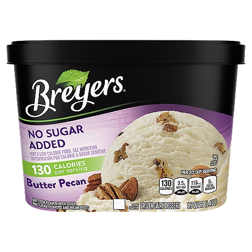 Breyers No Sugar Added Frozen Dairy Dessert Butter Pecan 48 oz
Simply delicious vanilla with butter roasted pecans. Breyers No Sugar Added Butter Pecan frozen dairy dessert is a great way to enjoy frozen dessert time, without all the added sugar. It's the vanilla you love and expect from Breyers plus chunks of butter roasted pecans, without sugar - what can be sweeter? Your sweet tooth can indulge in the smooth, creamy vanilla that has just the perfect amount of a sweet frozen treat. Back in 1866, when our founder William Breyer started his small ice cream operation in Philadelphia he may not have been watching his sugar intake, but he was watching over the quality of the ingredients that he put into his ice cream and frozen desserts. And that's what we still do today! Breyers No Sugar Added Butter Pecan abides by our Pledge to use 100% Grade A milk and fresh cream from American cows not treated with artificial growth hormones and vanilla from sustainably sourced farms in Madagascar, in partnership with the Rainforest Alliance. If a Butter Pecan ice cream treats is not your jam, try our No Sugar Added Vanilla Chocolate Strawberry, Vanilla, or Salted Caramel Swirl! Or if you are looking for more traditional flavors, try our famous Natural Vanilla Ice Cream, Chocolate Ice Cream or Coffee Ice Cream. 