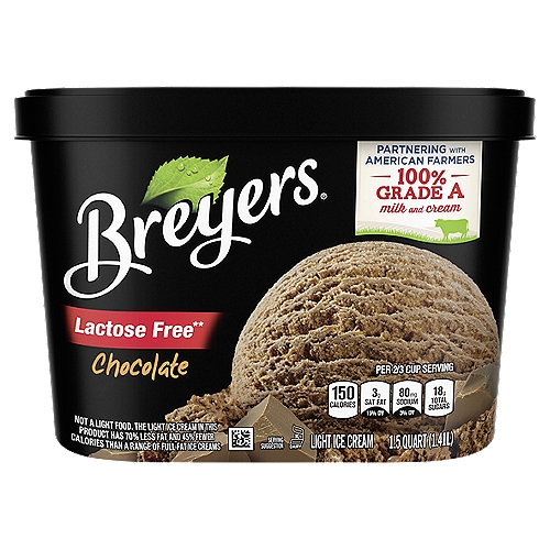 Breyers Light Ice Cream Lactose Free Chocolate 48 oz
Have a lactose sensitivity? No problem! Try our Breyers Chocolate Lactose Free Ice Cream! It's the same great chocolate light ice cream, just without the lactose*! A creamy, delicious frozen dessert made with real cocoa. That rich cocoa in this light ice cream is what makes the delicious Breyers chocolate frozen treat that you know and love.
We believe that the quality of our ingredients makes the delicious chocolate desserts, and that's why we follow the spirit of William Breyer's Pledge of Purity, which he started in 1866. Back in his day, he made a stand to use only the best milk, cream, sugar, and fruit in his ice cream in Philadelphia. He would not compromise quality, and now more than 150 years later, we still follow his philosophy. We pledge to use only high-quality ingredient like colors and flavors from natural sources, fresh cream, sugar and milk, and sustainably farmed fruit and vanilla. Try our Breyers Lactose-Free Vanilla frozen snack or other favorites like our famous Natural Vanilla Ice Cream, Chocolate Ice Cream and candy ice cream treats, and see if you agree!
99% Lactose Free