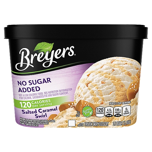 Breyers No Sugar Added Frozen Dairy Dessert Salted Caramel Swirl 48 oz
Savor the flavors of vanilla and rich salted caramel and pieces of toffee swirled throughout Breyers No Sugar Added Salted Caramel Swirl frozen dairy dessert. All the rich, creamy taste—with no added sugar! Breyers No Sugar Added Salted Caramel Swirl frozen treat is a great way to enjoy dessert time, without any added sugar. It tastes like the vanilla and caramel frozen dessert you love and expect from Breyers, plus chunks of toffee pieces, without added sugar - what can be sweeter? Your sweet tooth can indulge in the smooth, creamy vanilla and caramel treat that has just the perfect amount of sweet. Back in 1866, when our founder William Breyer started his small ice cream operation in Philadelphia, he may not have been watching his sugar intake, but he was watching over the quality of the ingredients that he put into his ice cream. And that's what we still do today. Our Breyers No Sugar Added Salted Caramel Swirl abides by our Pledge to use 100% Grade A milk and fresh cream from American cows not treated with artificial growth hormones and vanilla from sustainably sourced farms in Madagascar, in partnership with the Rainforest Alliance. If Salted Caramel is not your jam, but you're still in search of a no sugar added ice cream treat, try our No Sugar Added Vanilla Chocolate Strawberry, Vanilla, or Butter Pecan! Or for those in search of traditional ice cream, try our famous Natural Vanilla Ice Cream. 