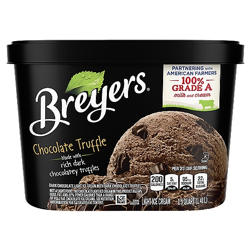 Breyers Original Light Ice Cream Chocolate Truffle 48 oz
It's every chocolate-lover's dream! Savor the creamy, delicious taste of Breyers dark chocolate ice cream and pieces of dark chocolate truffles in every bite of Breyers Chocolate Truffle! Add a scoop to an ice cream cone for a simple, easy and chocolatey dessert. Chocolate on chocolate - what could be better? Our chocolate ice cream is made with real cocoa. The cocoa doesn't do everything in making this ice cream tub so good - in part it's the fresh cream, sugar, and milk that we use. We source 100% Grade A milk and cream from American cows not treated with artificial growth hormones*. We also use colors and flavors from natural sources and sustainably farmed fruit and vanilla**.
You might think we're a little obsessed with the ingredients that we use in our Breyers Chocolate Truffle frozen treat, and you are right! In fact, our obsession stems from our history and the Pledge of Purity, which William Breyer, our founder, established back in 1866. He wanted to pledge to use only real and good ingredients in his ice cream because he believed that's what made it taste great. We hope you give Breyers Chocolate Truffle a try and agree. Leave us a review at www.breyers.com to let us know! Don't forget to try more of our delicious ice cream treats and frozen dairy desserts, like our famous Breyers Vanilla or our Cookies and Candies collection.
*The FDA states that no significant difference has been shown between dairy derived from rBST-treated and non-rBST-treated cows.
**Our product, before the inclusion of any candies, cookies, sauces, or fruit from other suppliers, will fully abide by this claim.

Dark Chocolate Light Ice Cream With Dark Chocolatey Truffles Not a Light Food. The Chocolate Light Ice Cream in This Product Has 64% Less Fat and 37% Fewer Calories Than a Range of Full Fat Chocolate Ice Creams. See Nutrition Information for Saturated Fat Content.