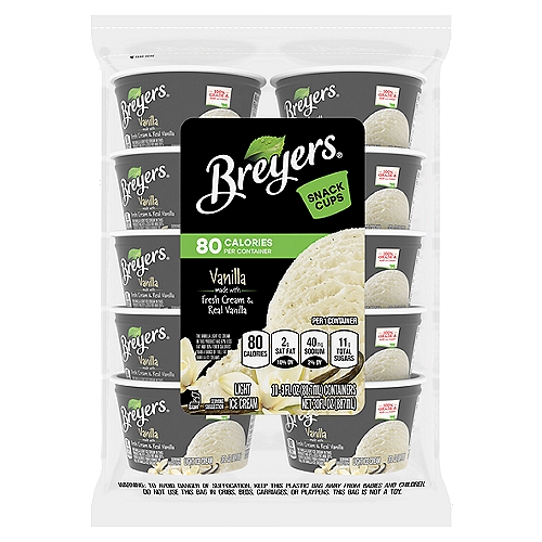Breyers Natural Vanilla in convenient, pre-portioned Breyers Ice Cream snack cups for on-the-go fun!
Breyers uses the highest-quality ingredients in all of our ice cream recipes, like 100% sustainable vanilla that is Rainforest Alliance Certified and 100% Grade A milk and cream
This frozen dessert has a rich vanilla flavor that comes from real vanilla beans— you can even see the vanilla bean specks!
Enjoy the delicious taste of America's favorite vanilla ice cream in a perfectly portioned 3 ounce serving
The vanilla in this ice cream is made with 100% sustainable vanilla that is Rainforest Alliance Certified
Breyers has over 150 years of experience making delicious ice cream and frozen dairy desserts

Discover Breyers Vanilla Ice Cream Snack Cups. These convenient ice cream snack cups are the perfect dessert for on-the-go fun. Each cup features our Natural Vanilla ice cream in a perfectly portioned 3 ounce serving. That heavenly, rich vanilla flavor in our real vanilla ice cream comes from real vanilla beans, which are 100% sustainably sourced from Madagascar, so you can enjoy it even more.

When William Breyer started his small ice cream business in Philadelphia in 1866, he based his recipes around simple and pure ingredients. More than 150 years later, we still honor that same philosophy. We always start with high-quality ingredients like fresh cream, milk, and sugar and combine them with naturally sourced colors and flavors for wholesome goodness. This combination is how we create flavors you know and love. Our dairy comes from American farmers who produce 100% Grade A milk and cream from cows not treated with artificial growth hormones*.

Discover your new favorite frozen dessert from Breyers' many classic ice cream flavors today, like our rich Chocolate Ice Cream and our Mint Chocolate Chip Ice Cream. 

* The FDA states that no significant difference has been shown between dairy derived from rBST-treated and non-rBST-treated cows.
